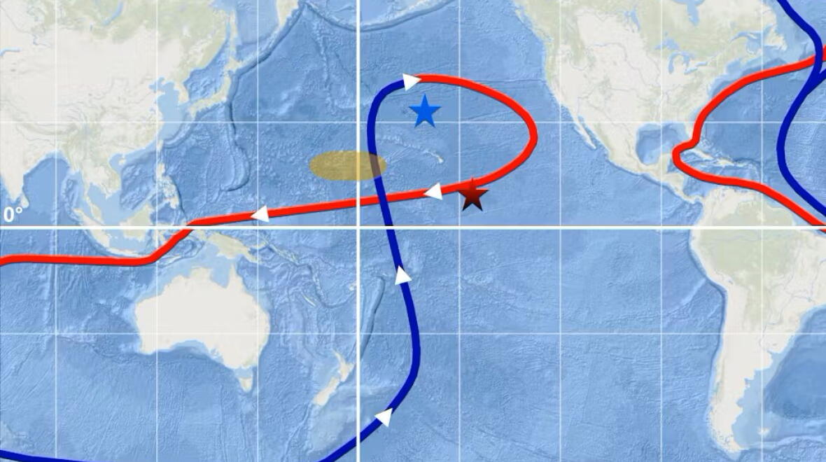 Modern deep-ocean currents in the Pacific with the investigated crusts’ locations indicated. Image: Dominik Koll/Map generated with Esri, GEBCO, Garmin, NaturalVue.