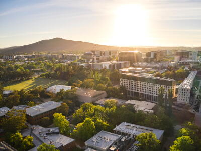Aerial of ANU sport, oval and city